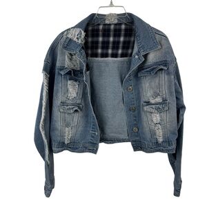 POL Distressed Cropped Jean Jacket Sz L Patch Plaid Size large Blue Denim Ripped